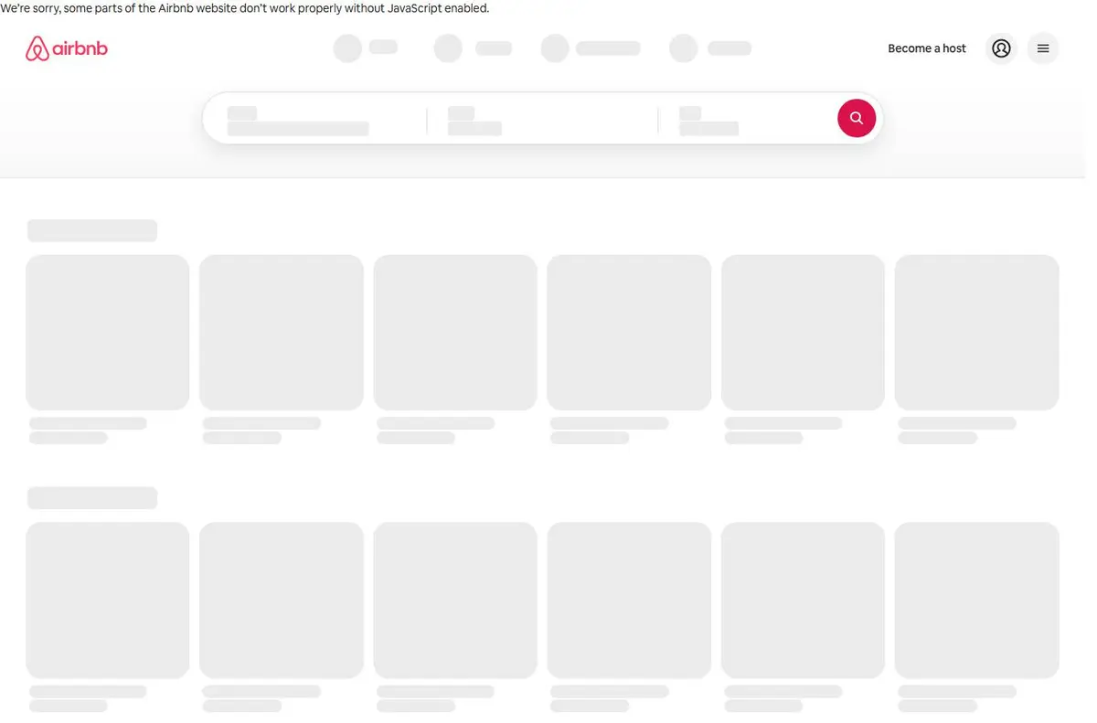 airbnb.com with JavaScript off: the logo and the search bar, then rows of empty grey boxes where the listings would be.