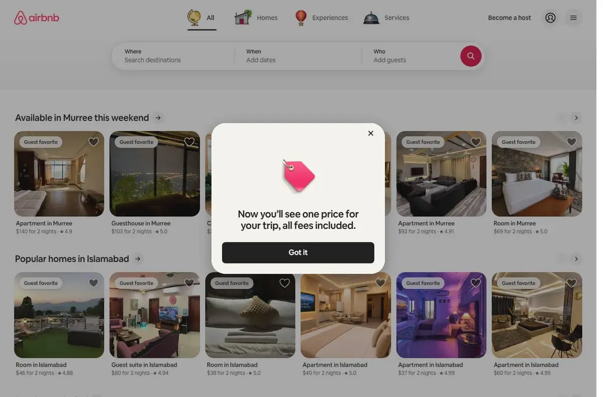 airbnb.com with JavaScript on: rows of listings with photos, places and prices, under a pop-up about prices.