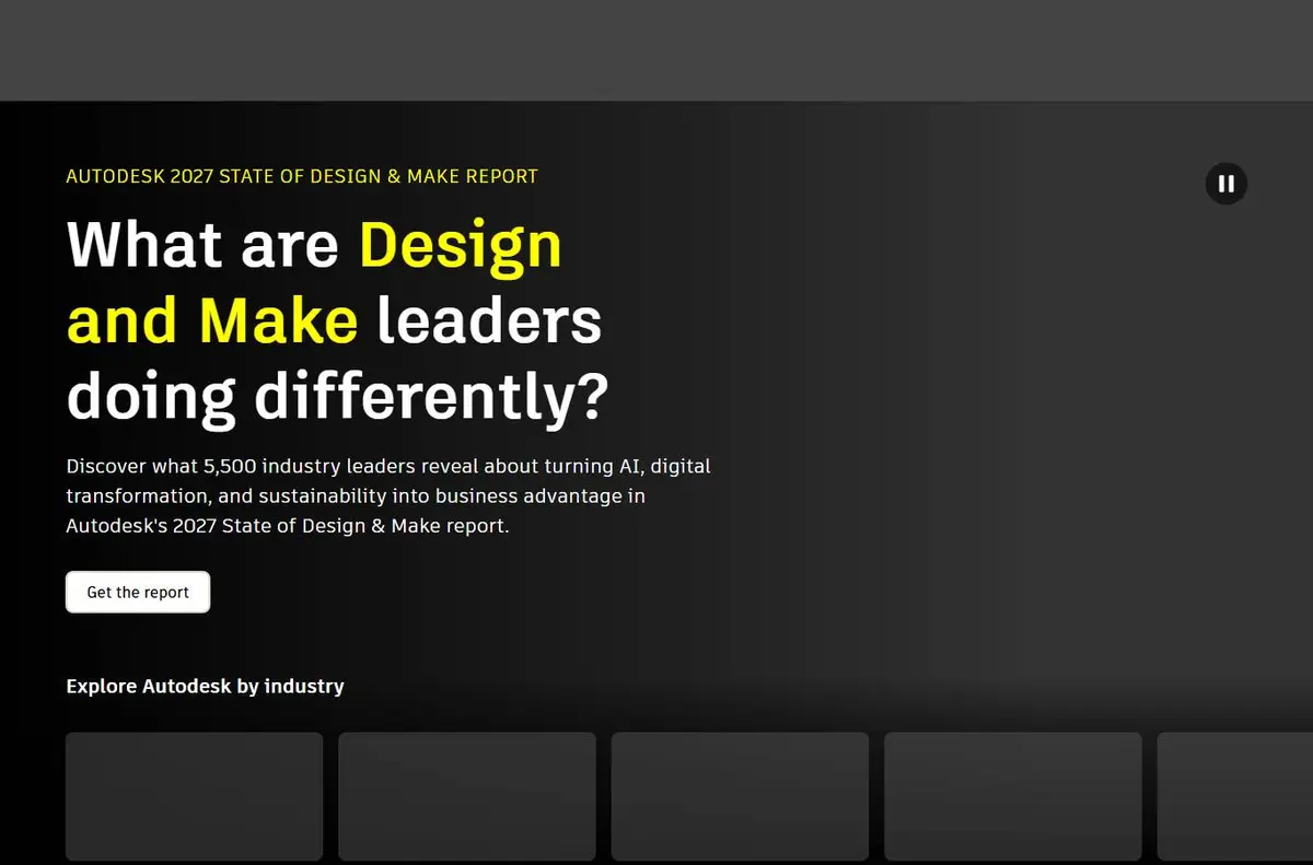 autodesk.com with JavaScript off: the dark hero with its headline and a Get the report button, an empty grey bar where the menu should be, and empty cards below.