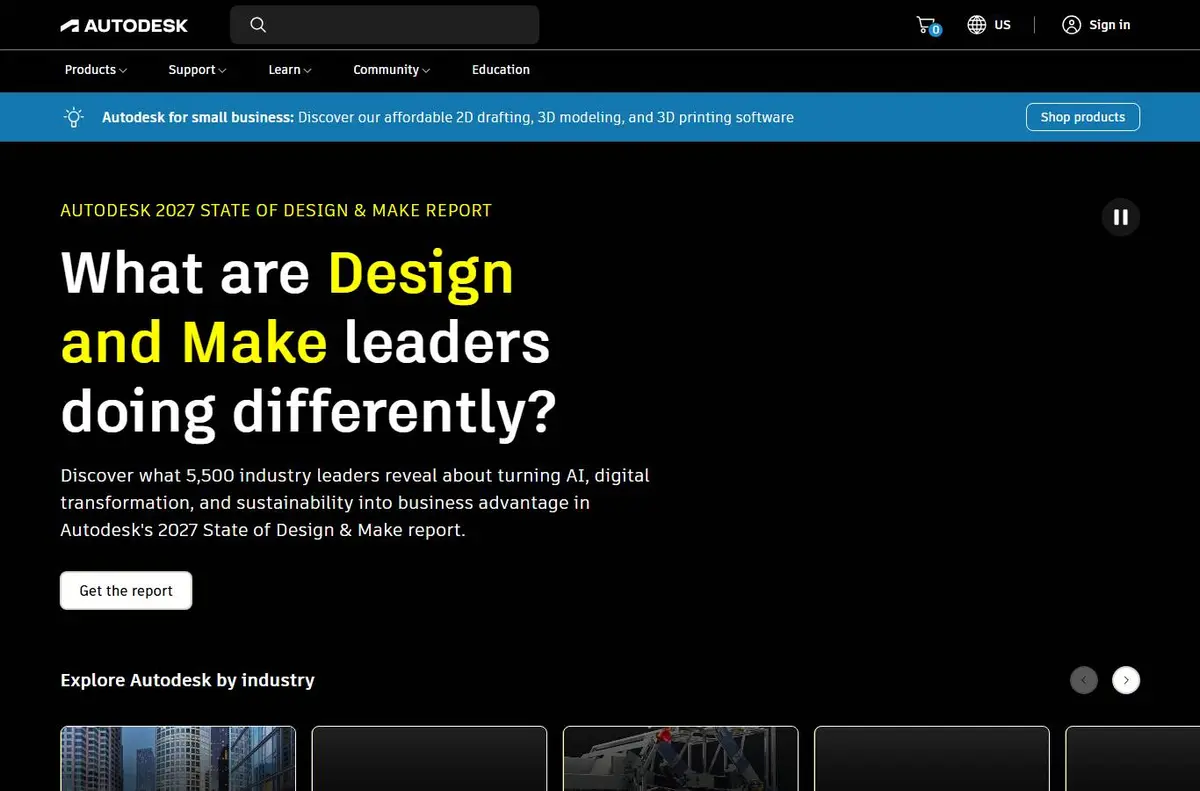 autodesk.com with JavaScript on: the same hero, plus the full menu, a small business banner and cards with pictures below.